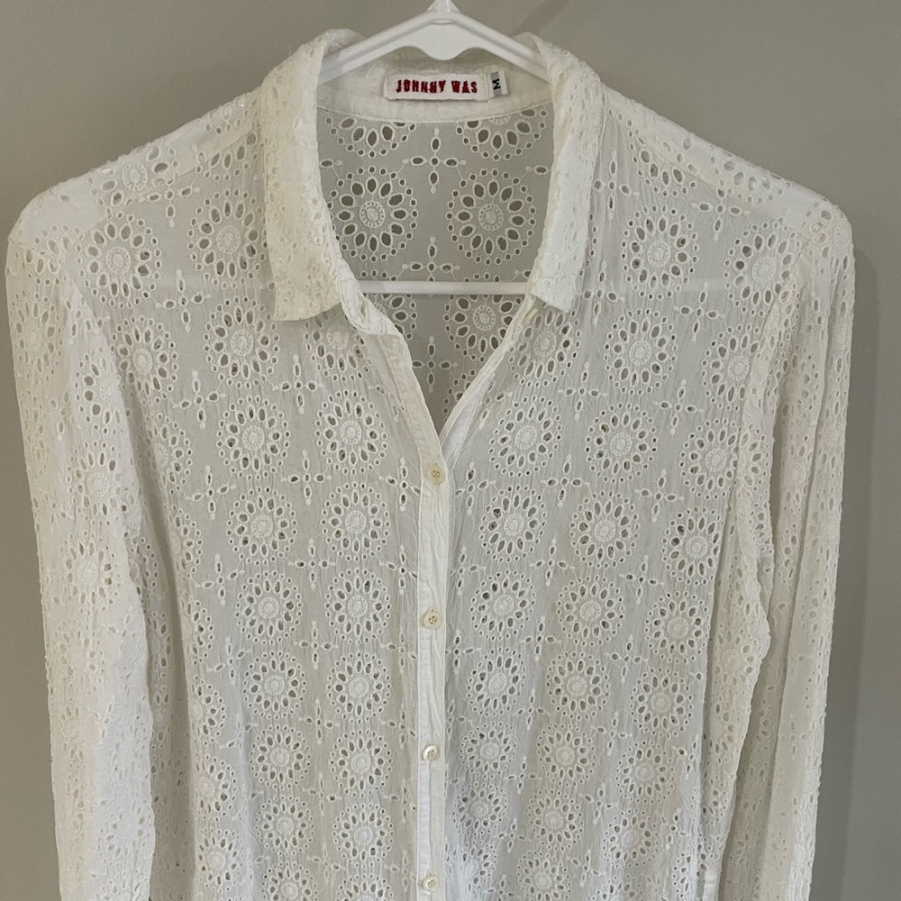 Johnny Was White Eyelet Shirt Dress/ Coverup - Size Medium - Picture 5 of 15